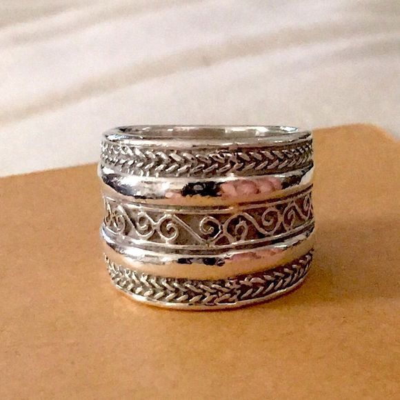 Sterling Silver Cigar Band Ring With Rope Design Sz 5 - Picture 1 of 6